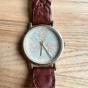 Ladies vintage style map brown braided leather watch NEW BATTERY